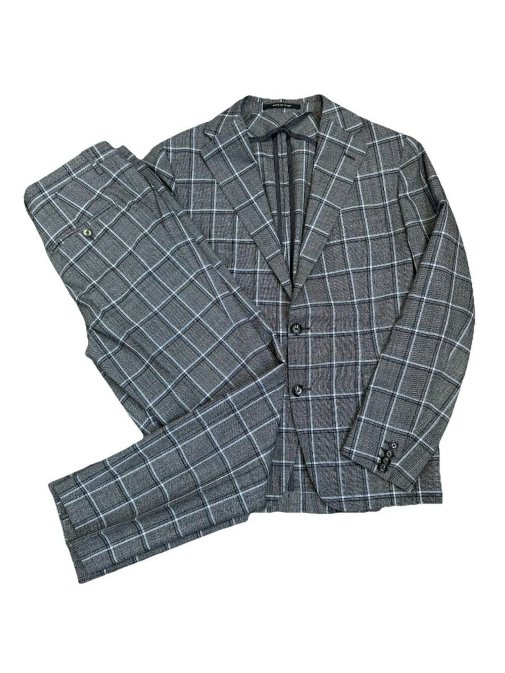 Tagliatore 50R (US 40R) Gray Windowpane Plaid Suit 100% Wool Made in Italy